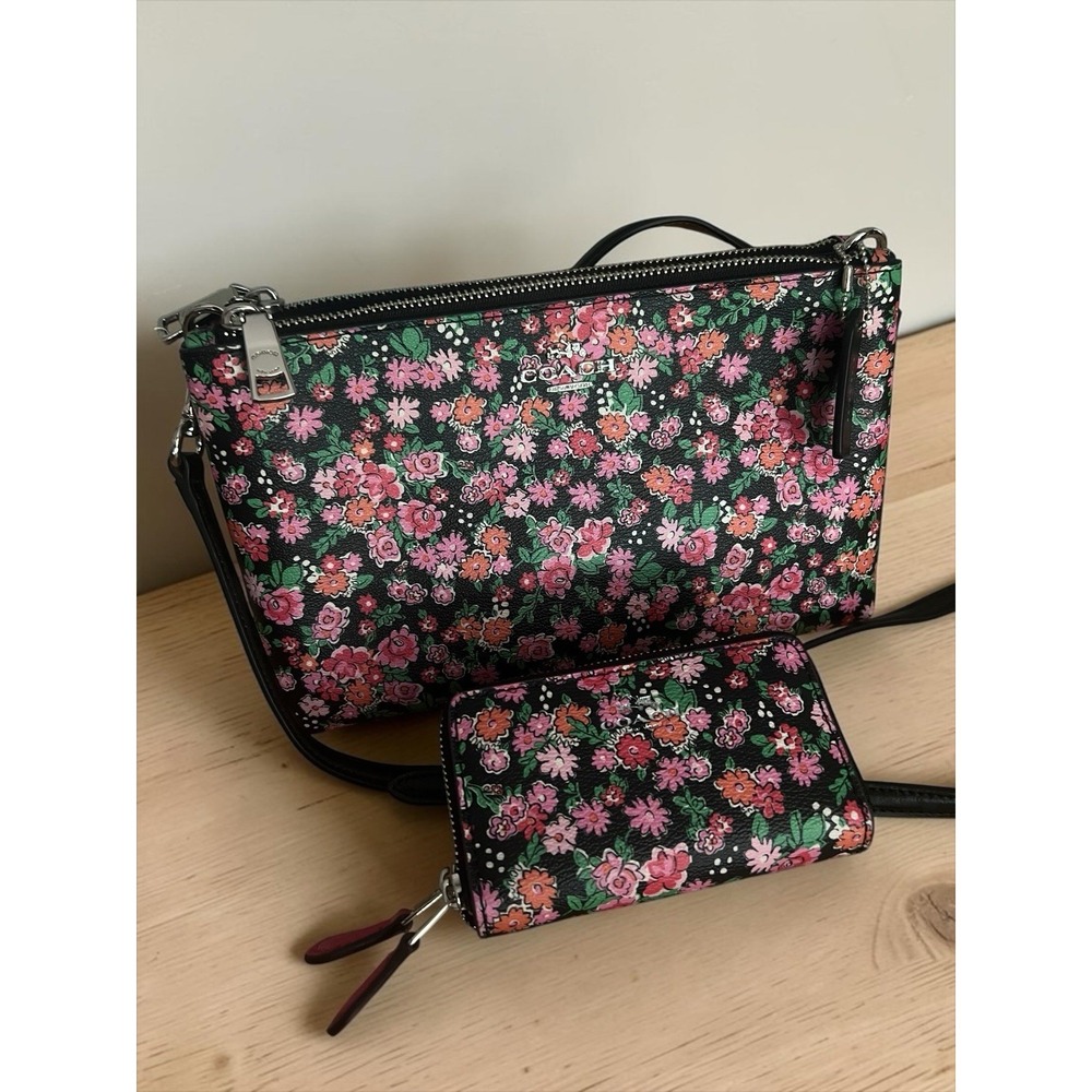 Coach F57883 Floral Crossbody Purse & Matching Zip Wallet Black Pink Flower EUC